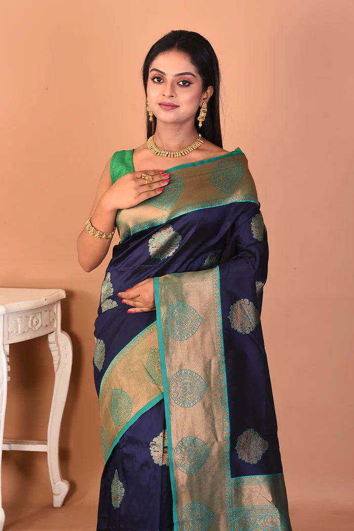 Navy Blue Blended Katan Silk Saree - Keya Seth Exclusive
