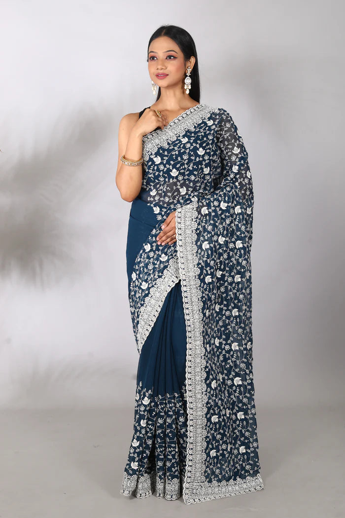 Prussian Blue Blended Georgette Saree - Keya Seth Exclusive