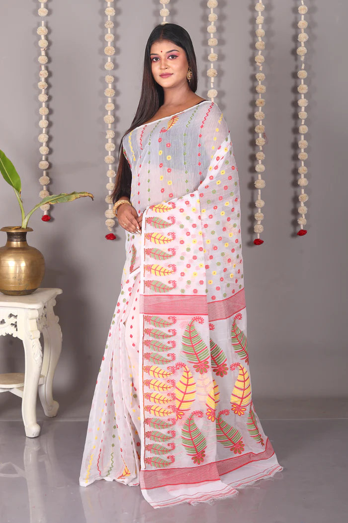 White Cotton Jamdani Saree - Keya Seth Exclusive