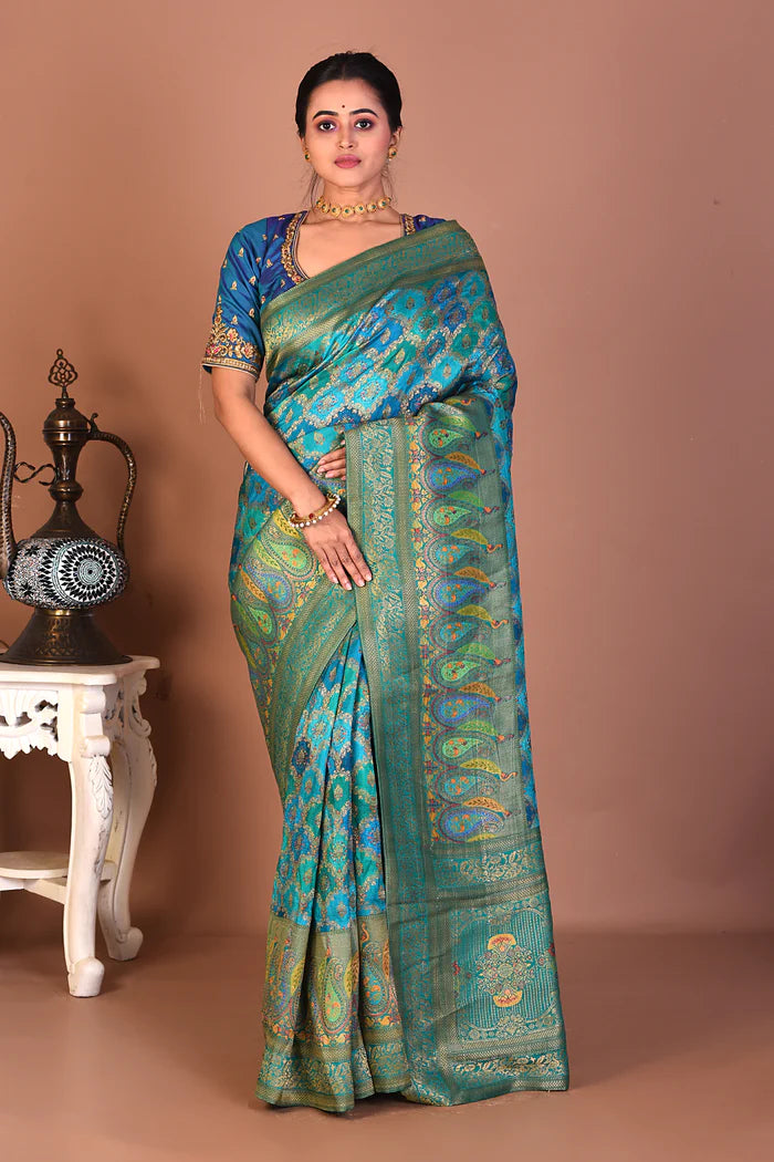 Sea Green Blended Printed Silk Saree - Keya Seth Exclusive