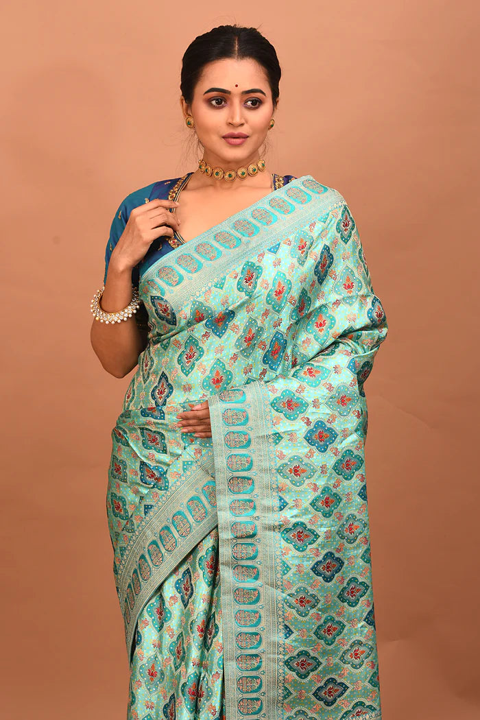 Sea Green Blended Printed Silk Saree - Keya Seth Exclusive