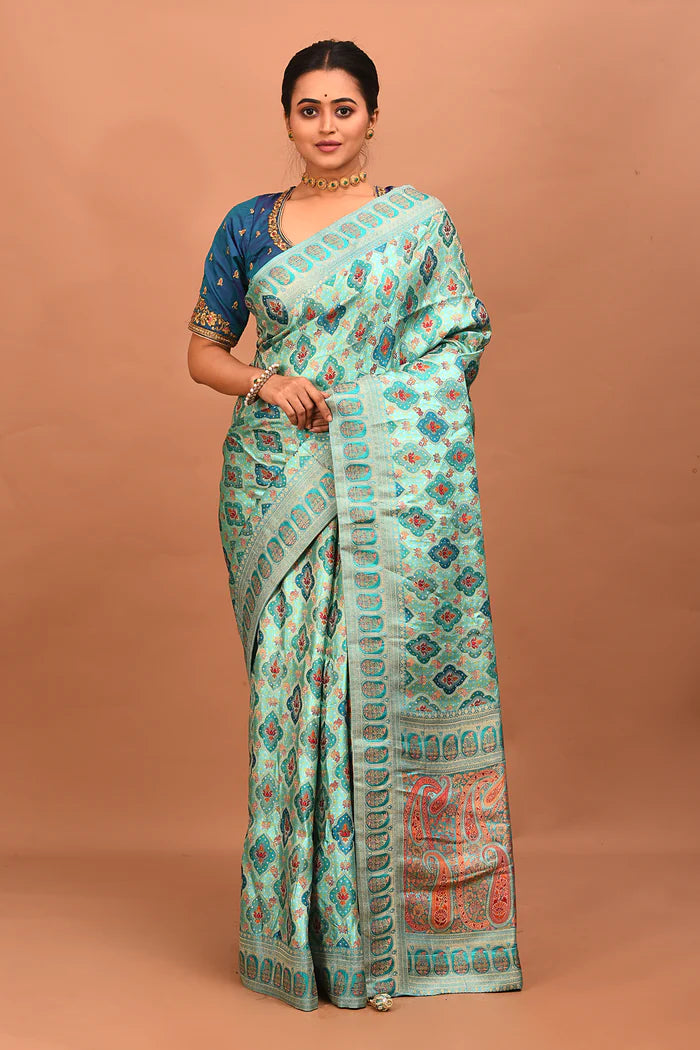 Sea Green Blended Printed Silk Saree - Keya Seth Exclusive