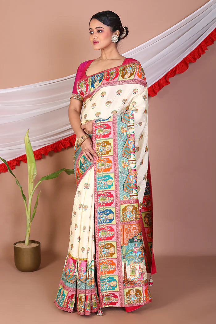 Offwhite Printed Silk Saree - Keya Seth Exclusive