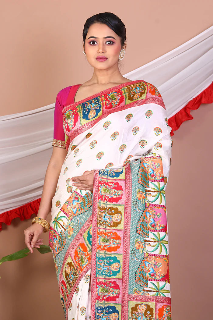 White Printed Silk Saree - Keya Seth Exclusive