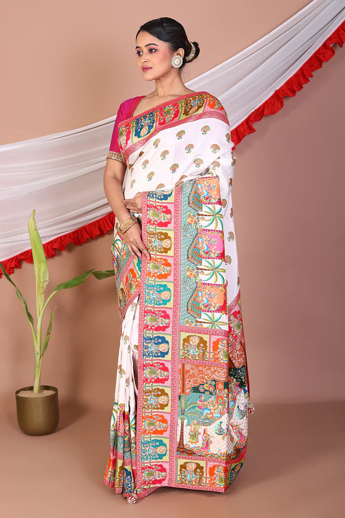 White Printed Silk Saree - Keya Seth Exclusive