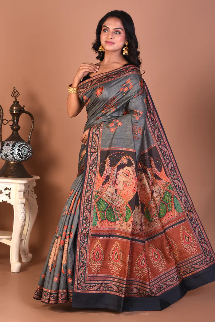 Grey Blended Printed Silk Saree - Keya Seth Exclusive