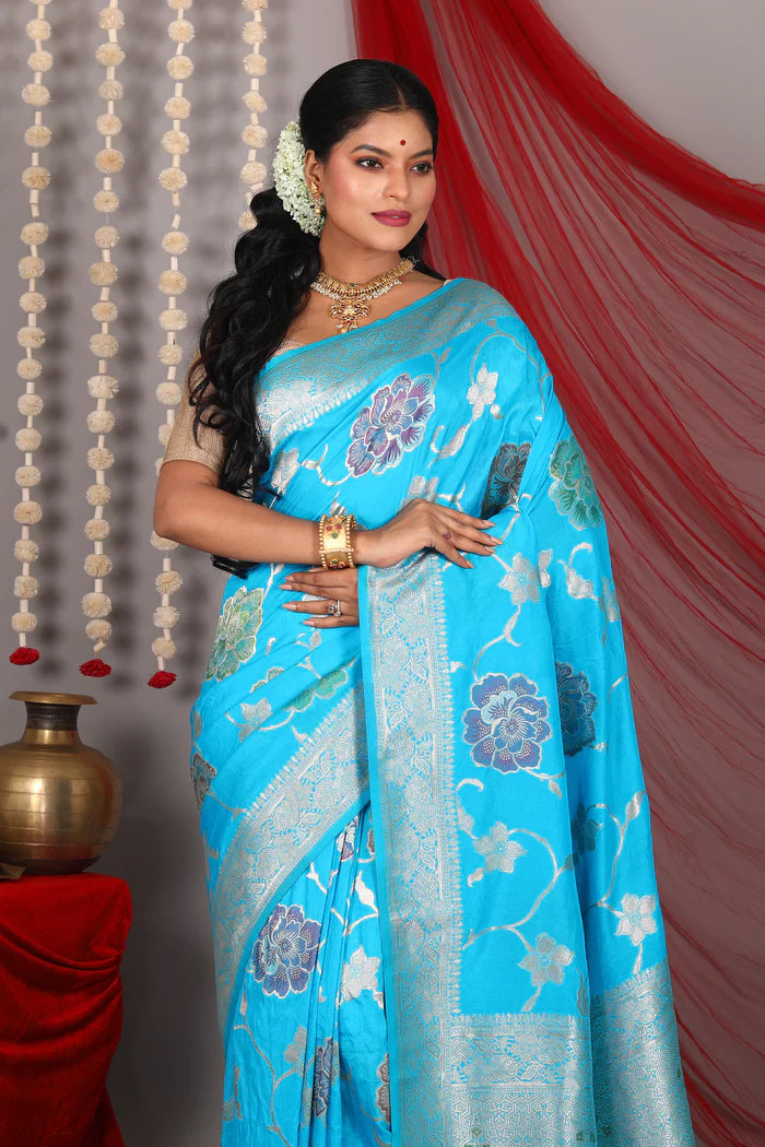 Sky Blue Blended Khaddi Saree - Keya Seth Exclusive