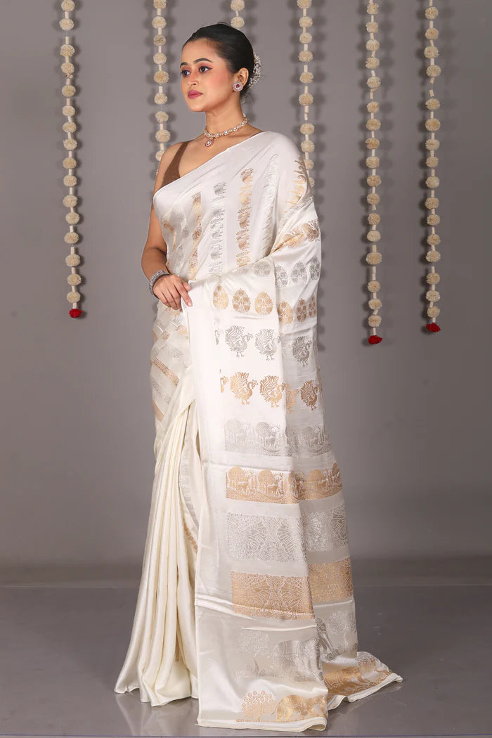 White Blended Satin Silk Saree - Keya Seth Exclusive