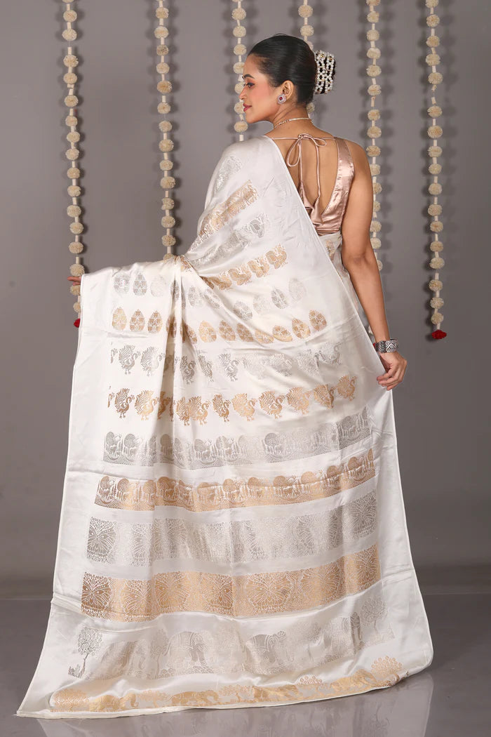White Blended Satin Silk Saree - Keya Seth Exclusive