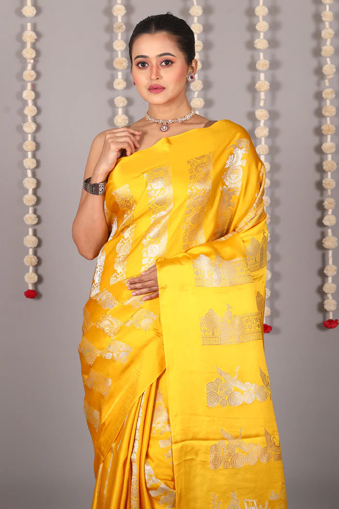 Yellow Blended Satin Silk Saree - Keya Seth Exclusive