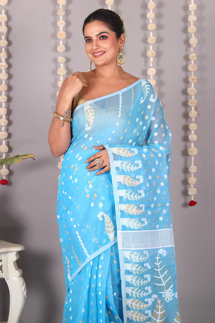 Sky Blue Cotton Jamdani Saree - Keya Seth Exclusive