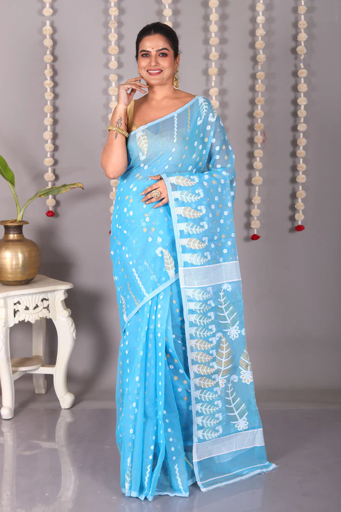 Sky Blue Cotton Jamdani Saree - Keya Seth Exclusive