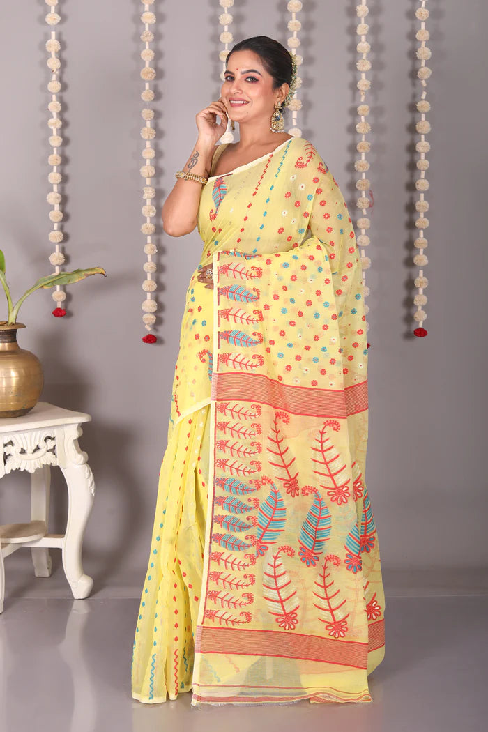 Yellow Cotton Jamdani Saree - Keya Seth Exclusive