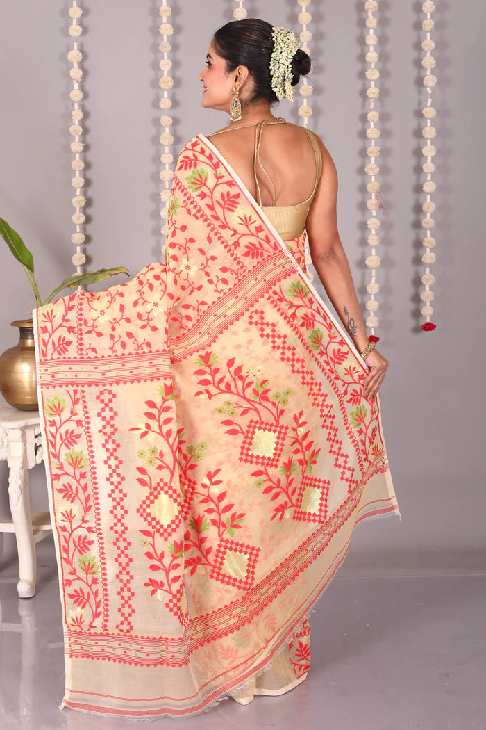 Light Yellow Cotton Jamdani Saree - Keya Seth Exclusive