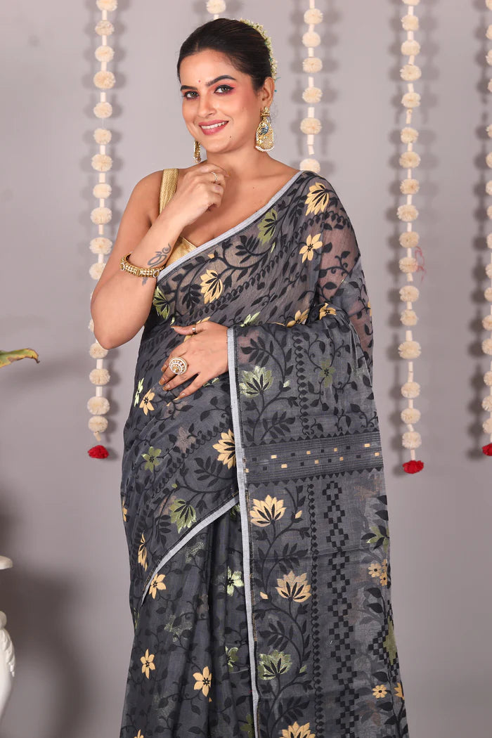 Black Cotton Jamdani Saree - Keya Seth Exclusive