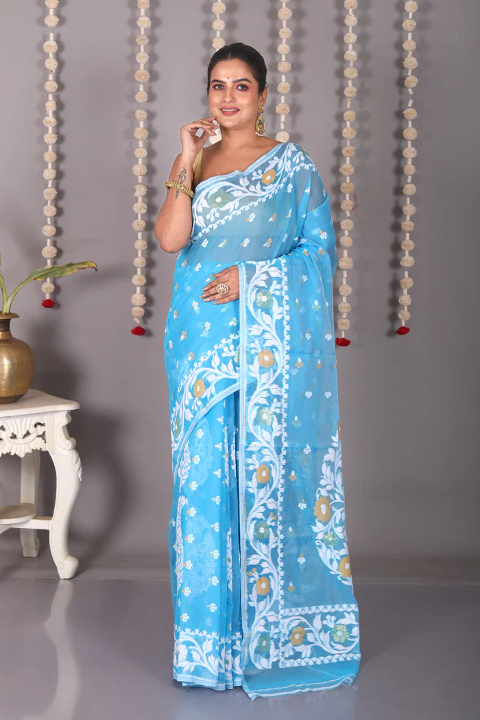 Sky Blue Cotton Jamdani Saree - Keya Seth Exclusive