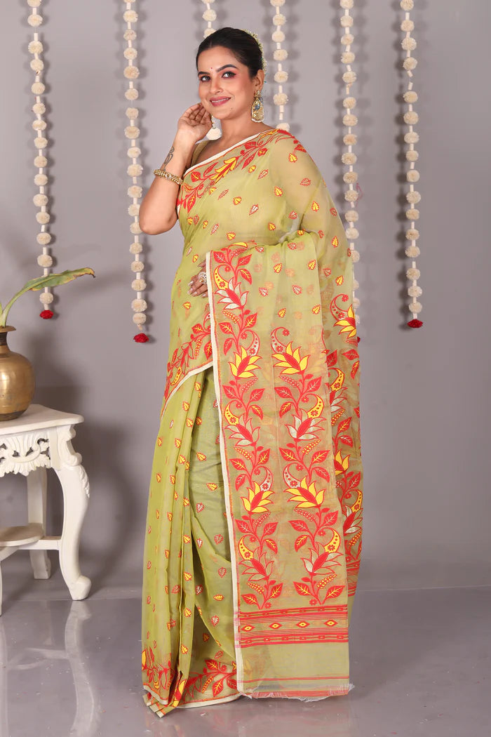 Olive Green Cotton Jamdani Saree - Keya Seth Exclusive