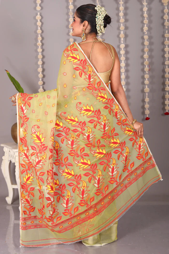 Olive Green Cotton Jamdani Saree - Keya Seth Exclusive