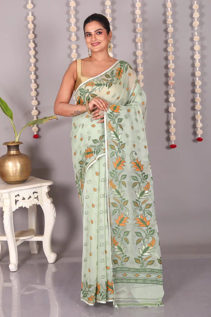 Pesta Green Cotton Jamdani Saree - Keya Seth Exclusive
