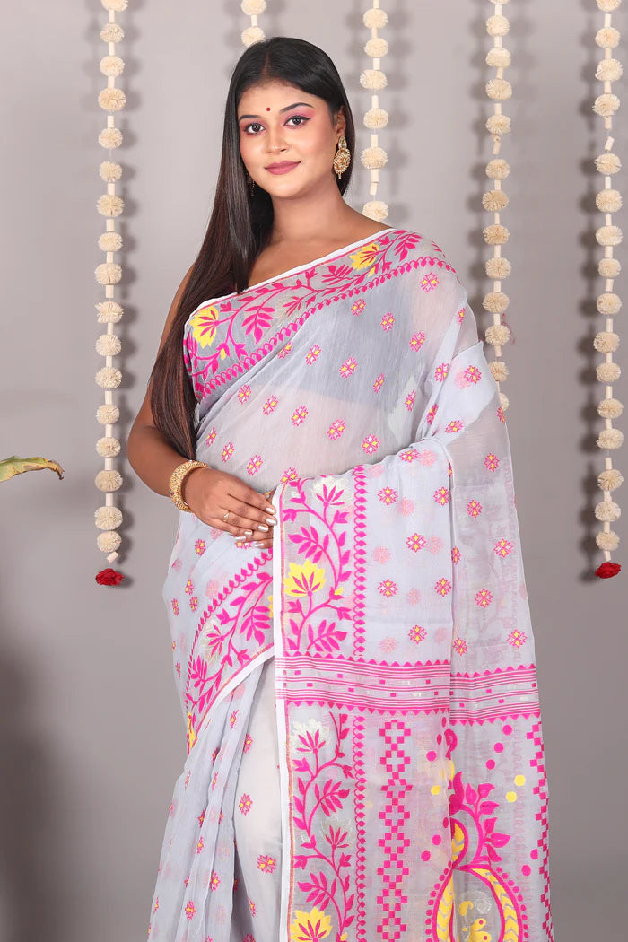 Grey Cotton Jamdani Saree - Keya Seth Exclusive