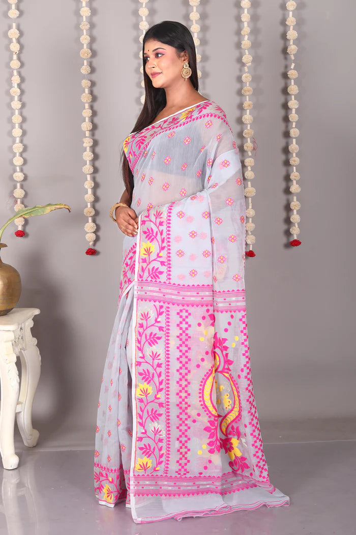 Grey Cotton Jamdani Saree - Keya Seth Exclusive