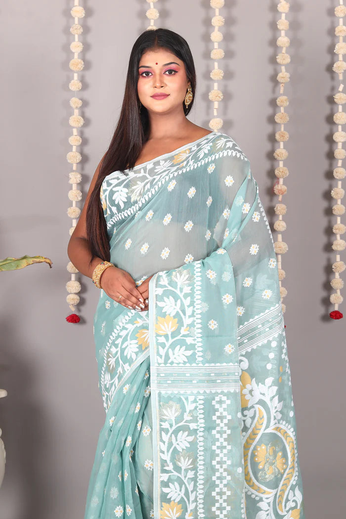 Light Green Cotton Jamdani Saree - Keya Seth Exclusive
