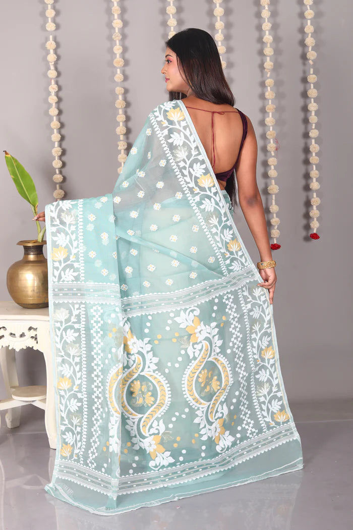 Light Green Cotton Jamdani Saree - Keya Seth Exclusive