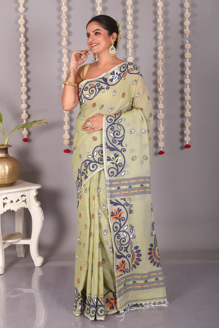 Olive Cotton Jamdani Saree - Keya Seth Exclusive