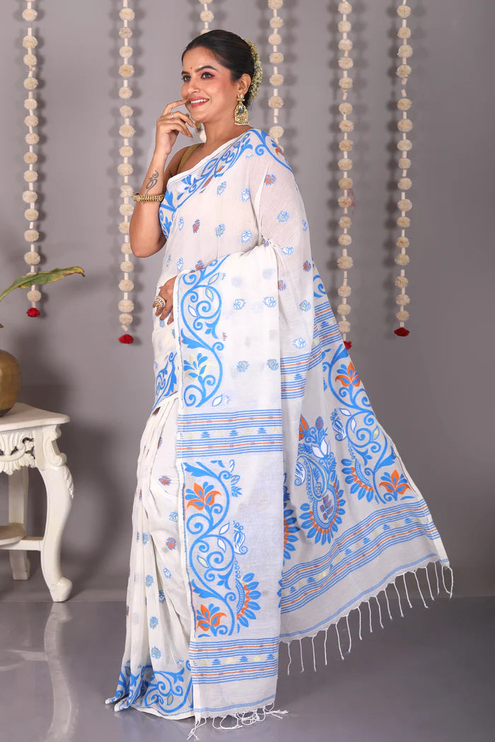 White Cotton Jamdani Saree - Keya Seth Exclusive