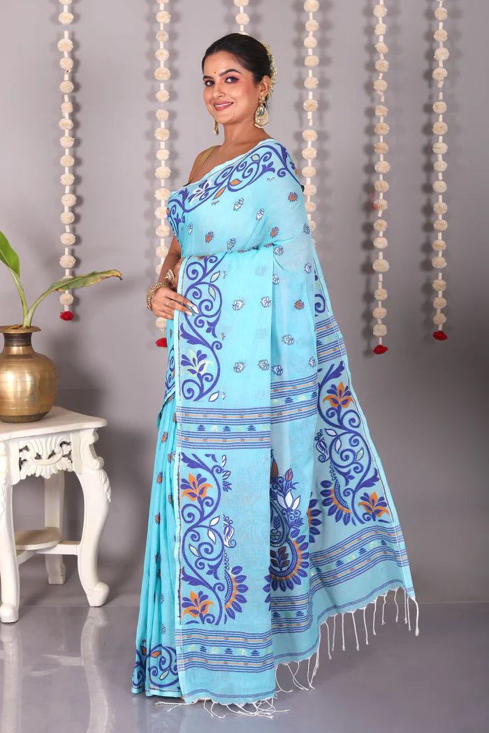 Sky Blue Cotton Jamdani Saree - Keya Seth Exclusive