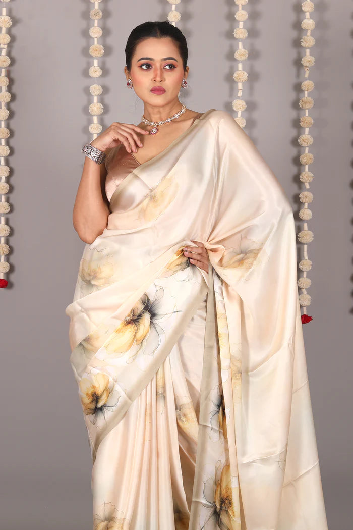 Offwhite Blended Satin Silk Saree - Keya Seth Exclusive
