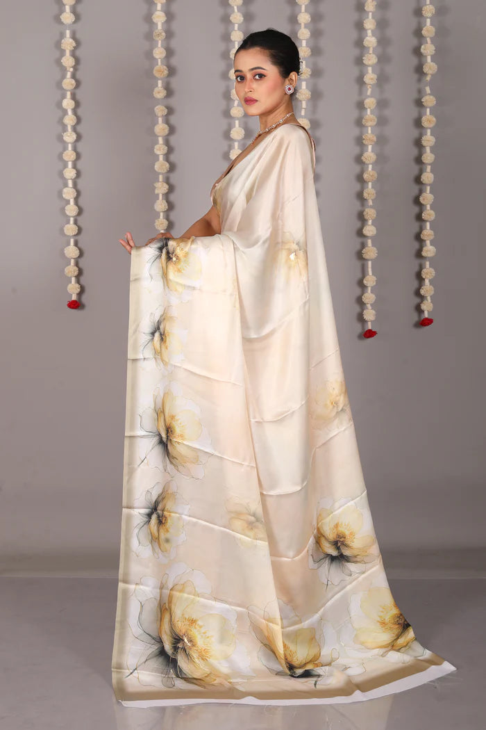 Offwhite Blended Satin Silk Saree - Keya Seth Exclusive