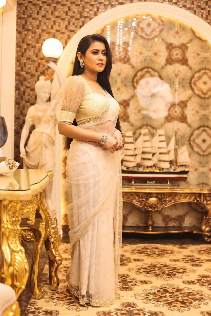 Deep Green Satin Silk Saree with Golden Zari – Keya Seth Exclusive