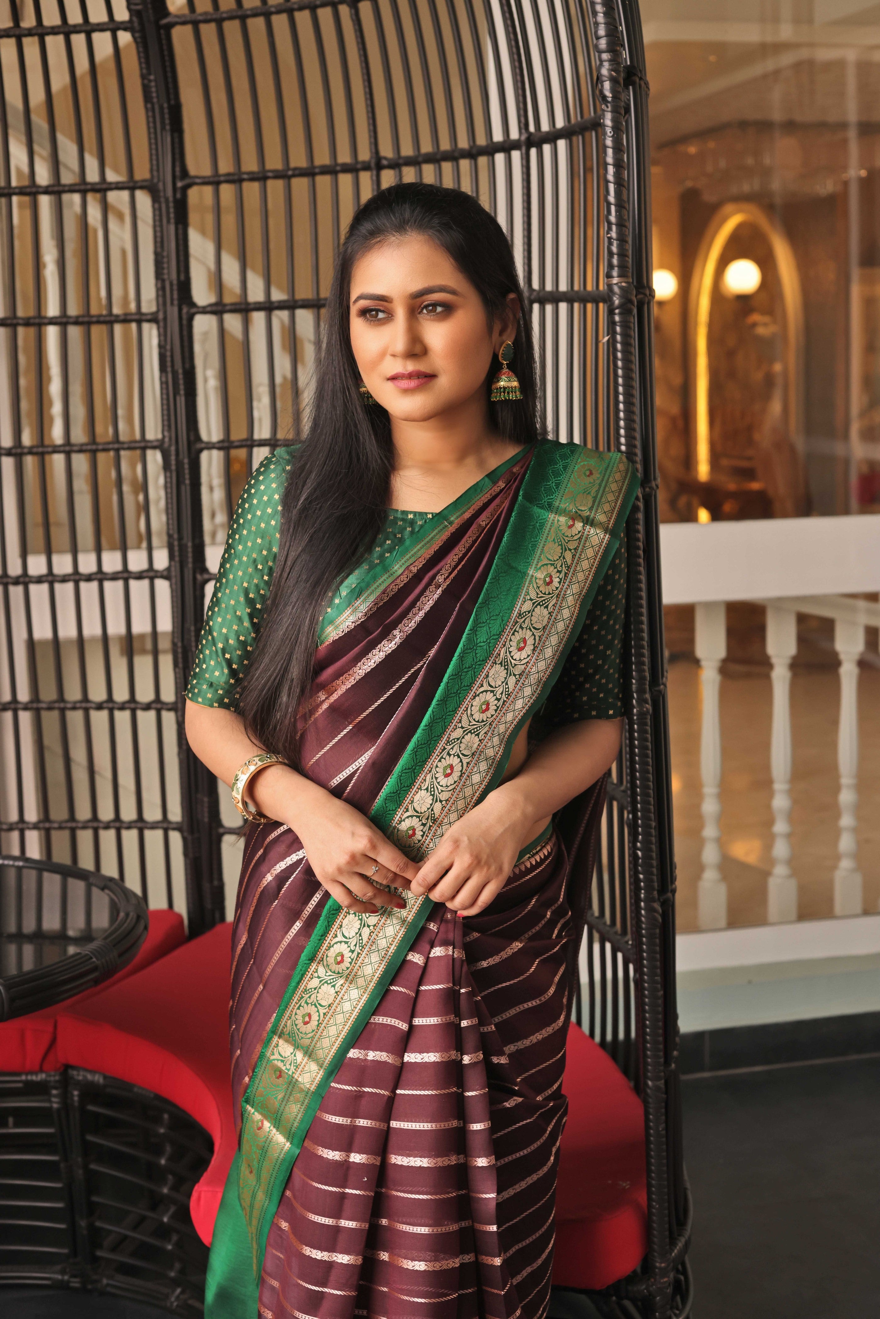 Maroon Pure Chiniya Silk Saree - Keya Seth Exclusive