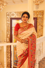 Load image into Gallery viewer, Off White Pure Paithani Saree - Keya Seth Exclusive
