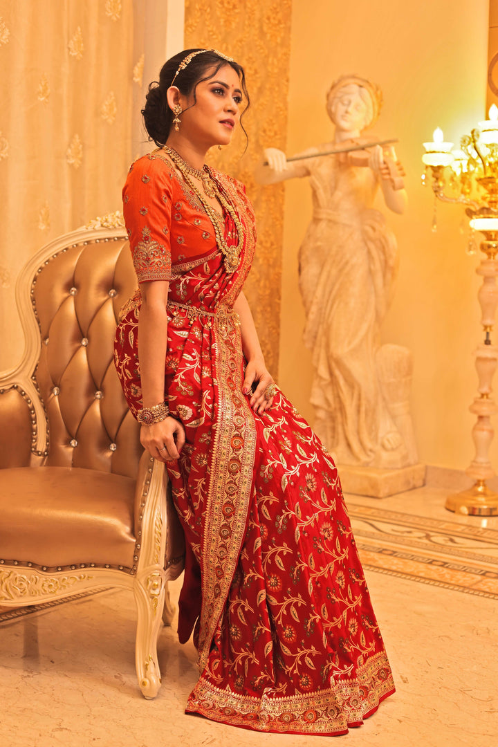 Brick Red Pure Banarasi Saree - Keya Seth Exclusive