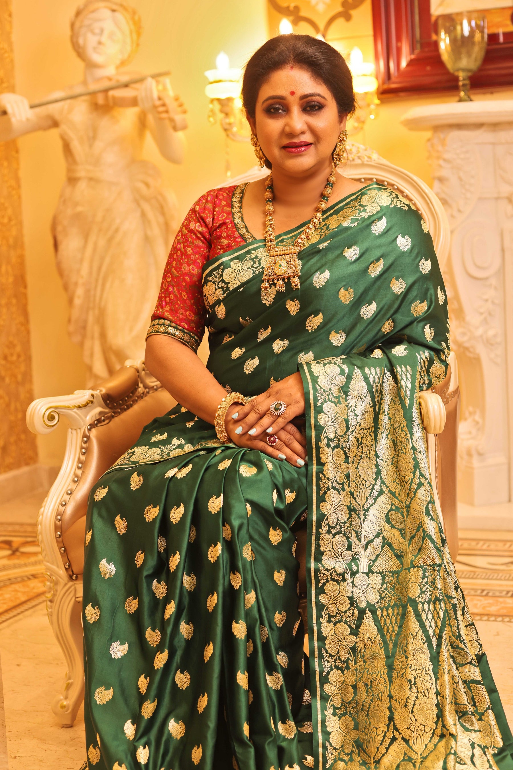 Shimmery Bottle Green Pure Banarasi Saree - Keya Seth Exclusive