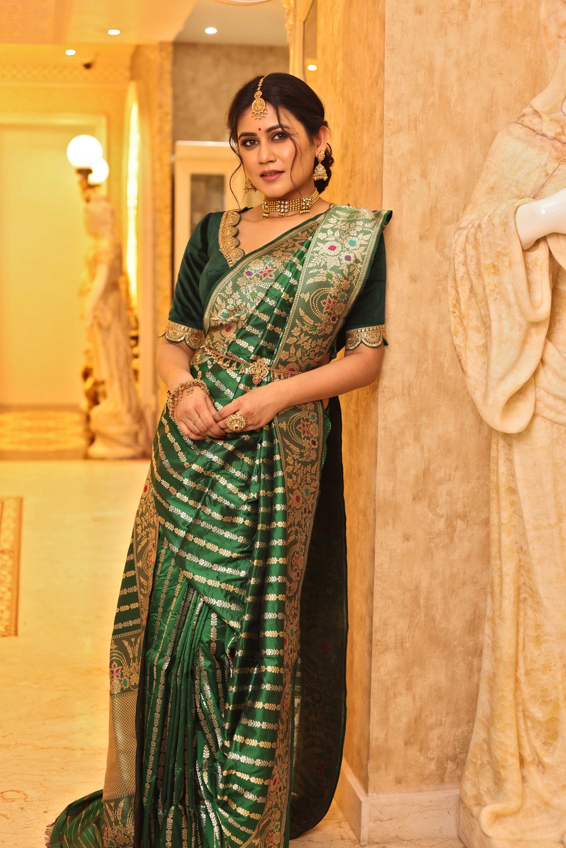 Bright Green Pure Strip Katan Saree - Keya Seth Exclusive