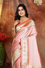 Load image into Gallery viewer, Peach Banarasi Saree with Red Border - Keya Seth Exclusive