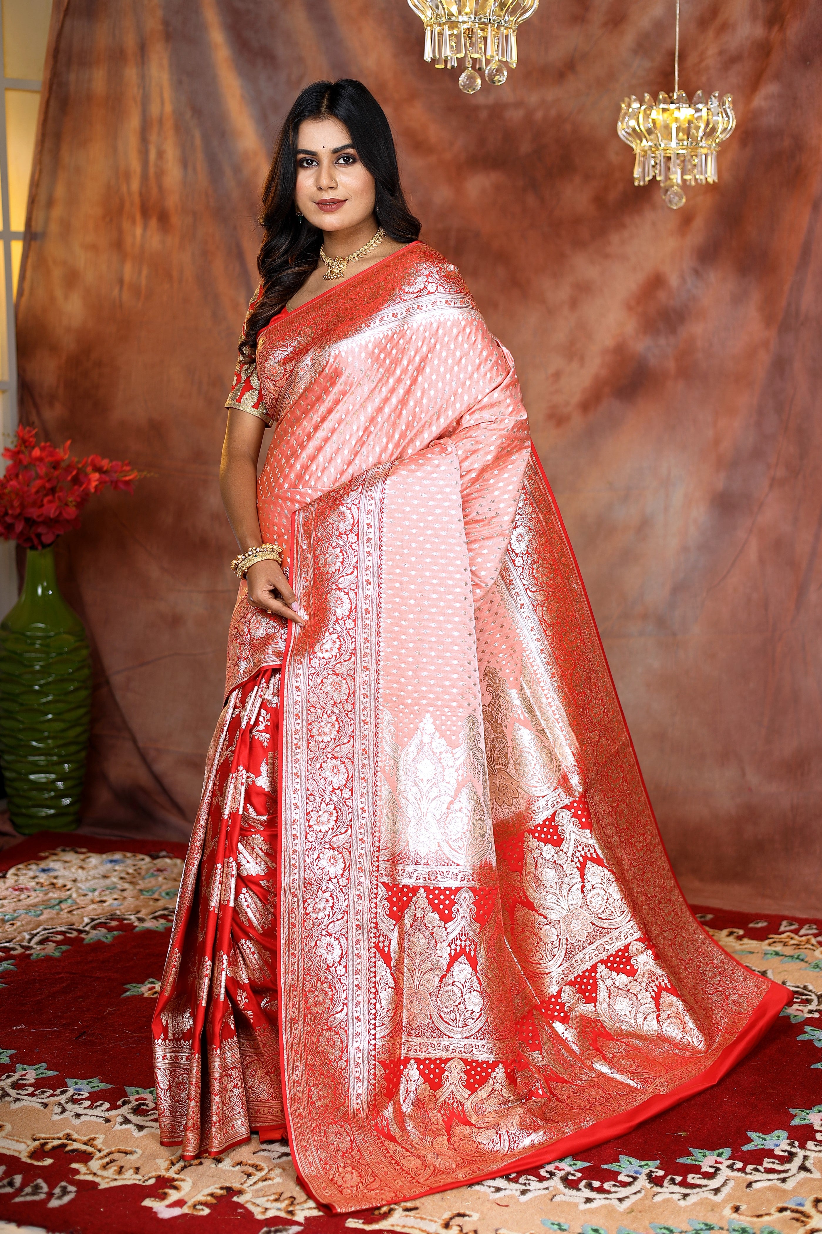 Half and Half Peach and Red Banarasi Saree - Keya Seth Exclusive