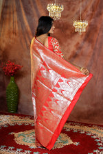 Load image into Gallery viewer, Half and Half Peach and Red Banarasi Saree - Keya Seth Exclusive