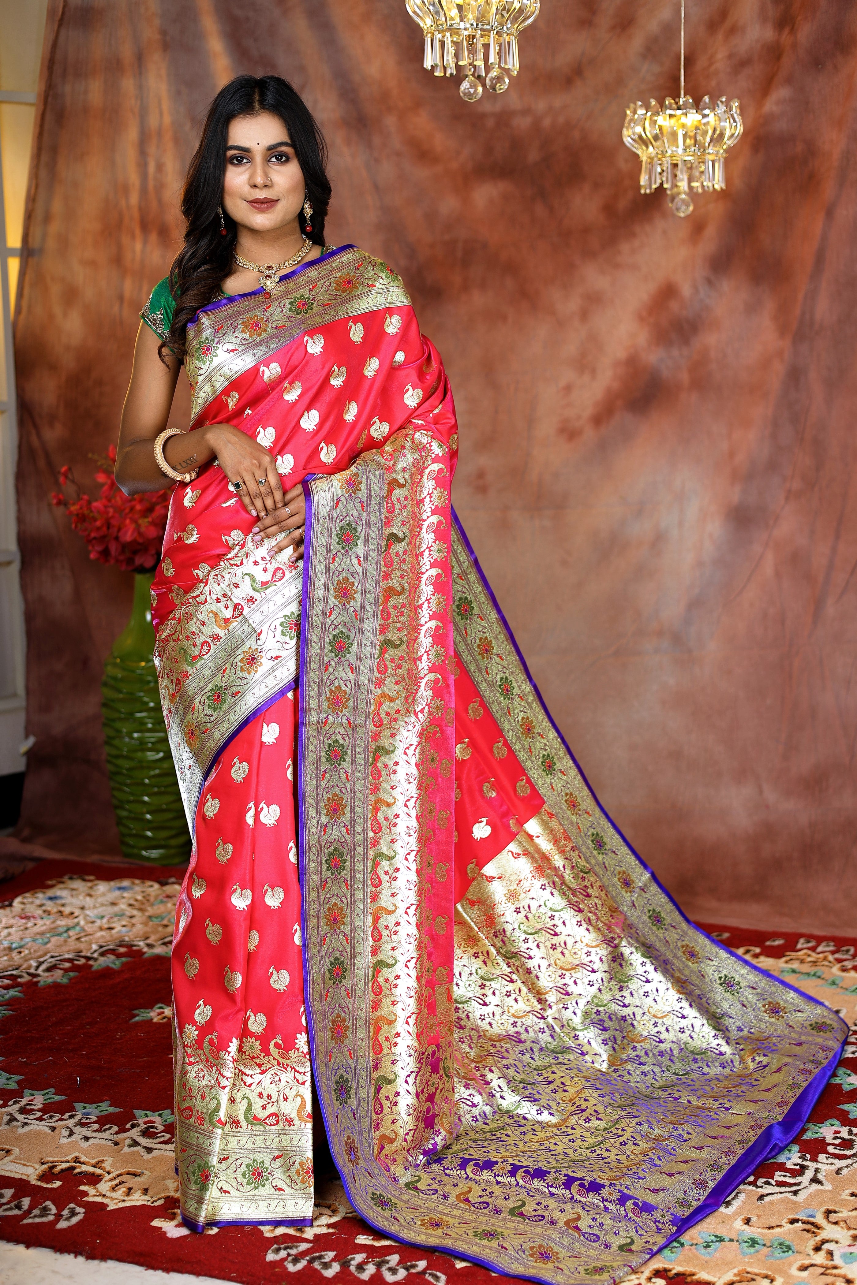 Pink Minakari Banarasi Saree with Purple Border - Keya Seth Exclusive