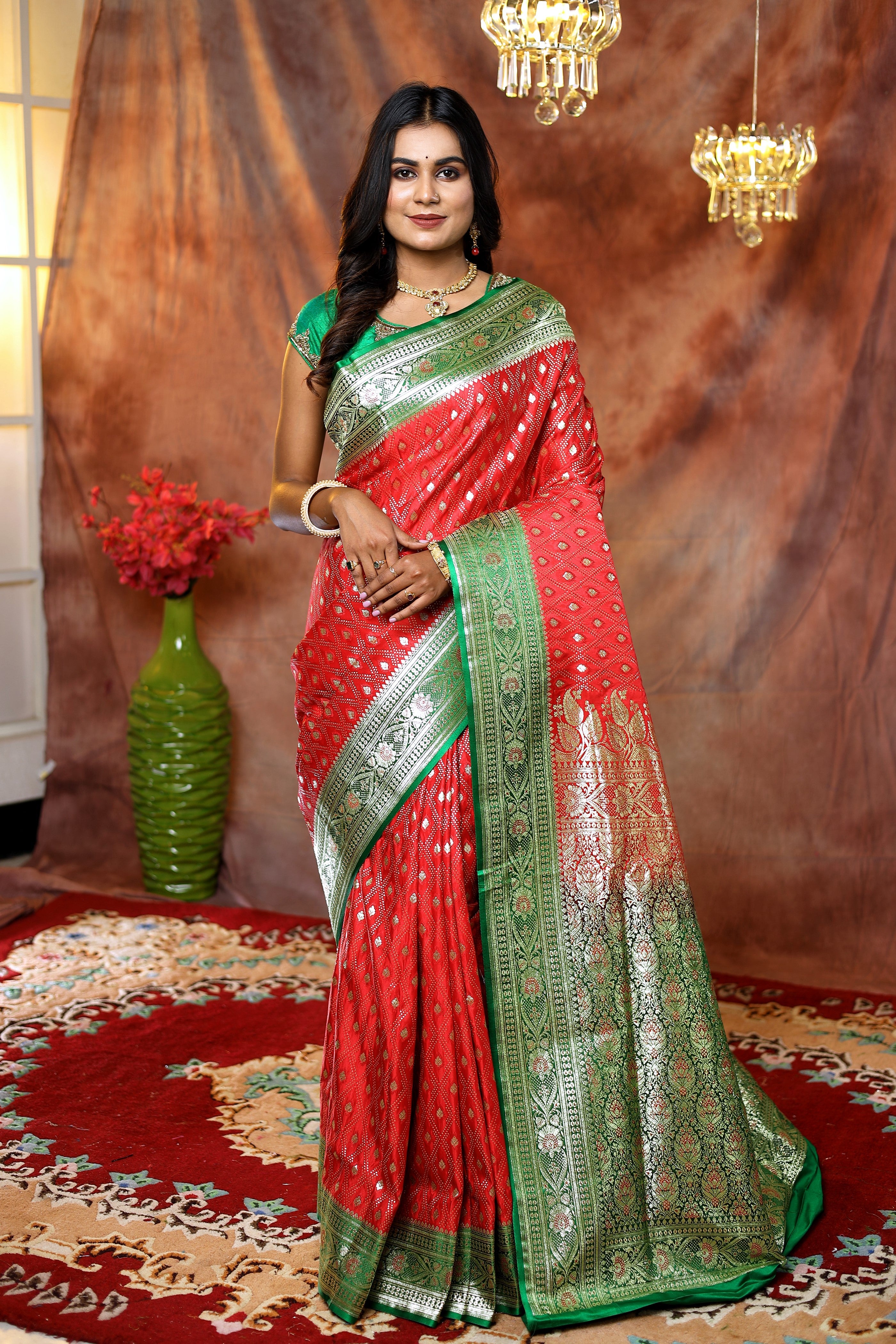 Red Banarasi Saree with Green Border - Keya Seth Exclusive