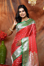 Load image into Gallery viewer, Red Banarasi Saree with Green Border - Keya Seth Exclusive