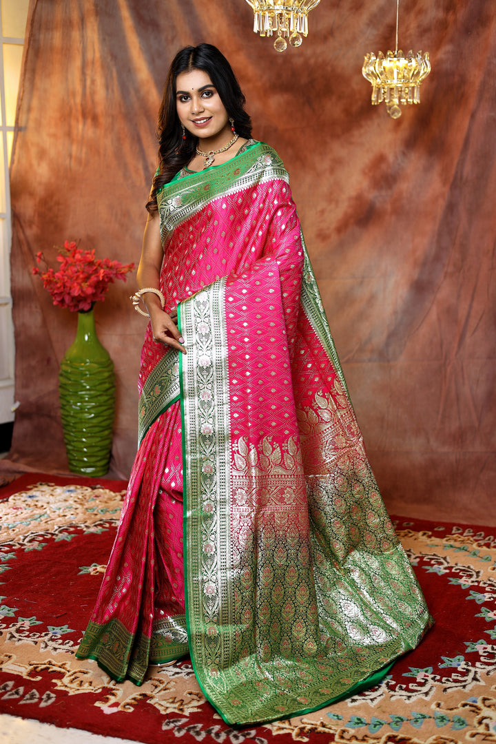 Pink Banarasi Saree with Green Border - Keya Seth Exclusive