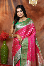 Load image into Gallery viewer, Pink Banarasi Saree with Green Border - Keya Seth Exclusive