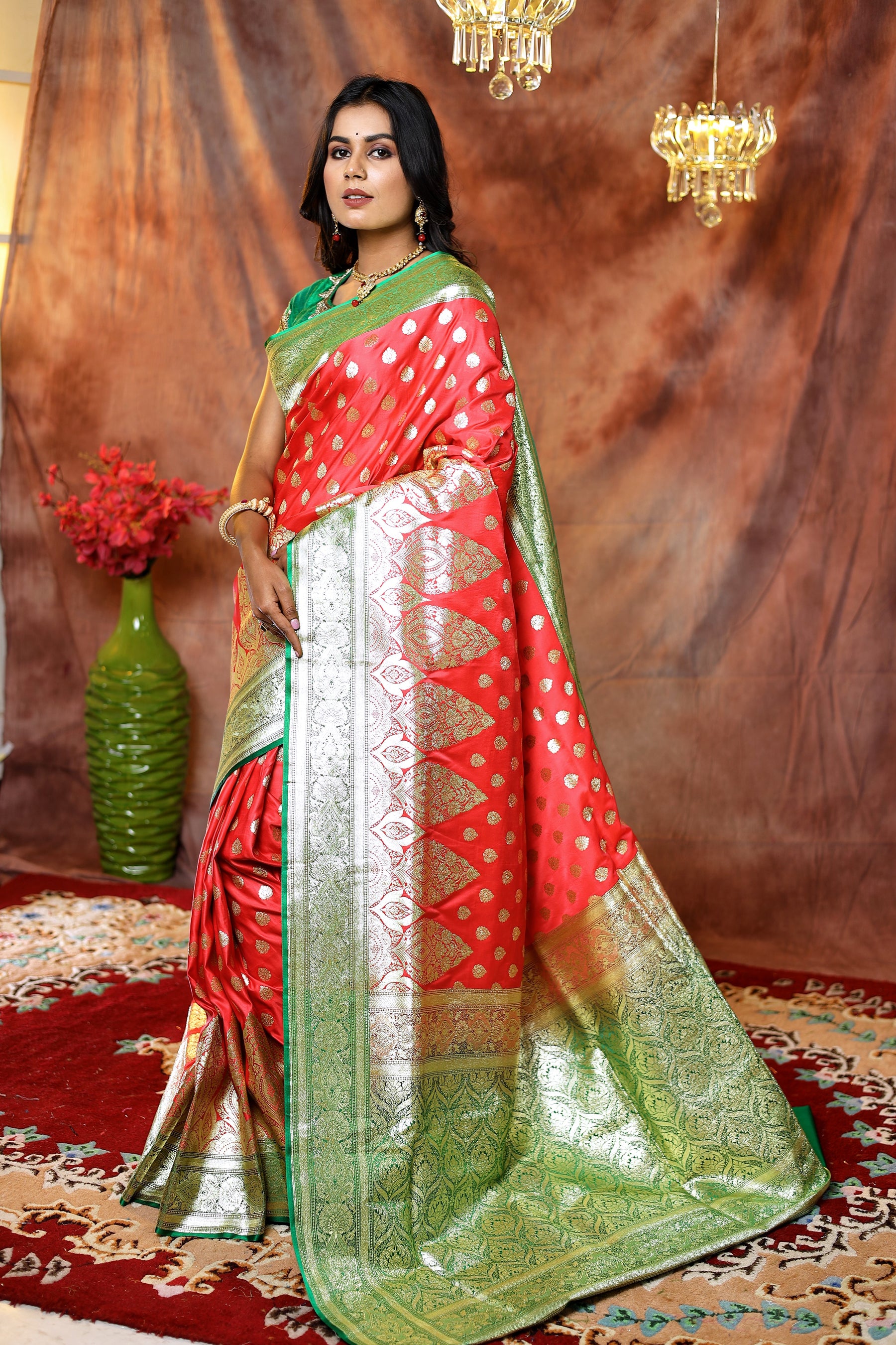 Bridal Peach Banarasi Saree with Green Border - Keya Seth Exclusive