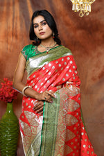 Load image into Gallery viewer, Bridal Peach Banarasi Saree with Green Border - Keya Seth Exclusive