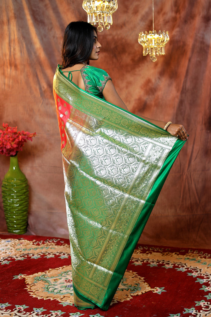 Bridal Peach Banarasi Saree with Green Border - Keya Seth Exclusive