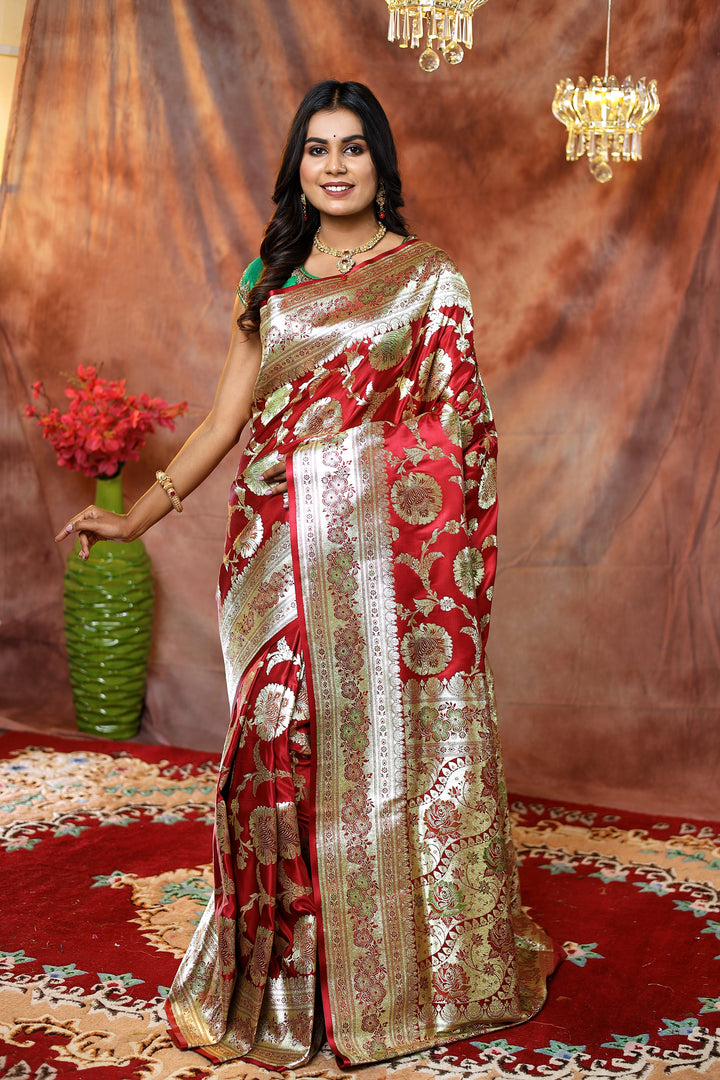 Floral Maroon Minakari Banarasi Saree - Keya Seth Exclusive